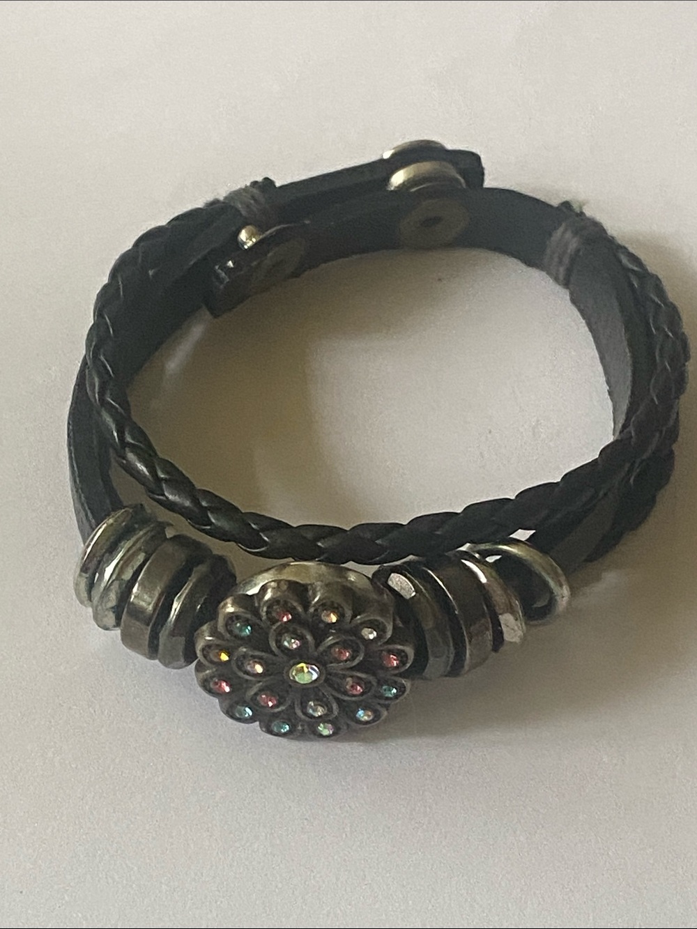 Leather double strap Bracelet with Multicolor snap Crystal Flower Accent